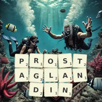Creative illustration for a Scrabble game with the word PROSTAGLANDIN spelled out in tiles on the board.