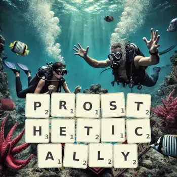 Creative illustration for a Scrabble game with the word PROSTHETICALLY spelled out in tiles on the board.