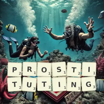 Creative illustration for a Scrabble game with the word PROSTITUTING spelled out in tiles on the board.
