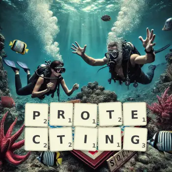 Creative illustration for a Scrabble game with the word PROTECTING spelled out in tiles on the board.