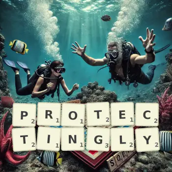 Creative illustration for a Scrabble game with the word PROTECTINGLY spelled out in tiles on the board.