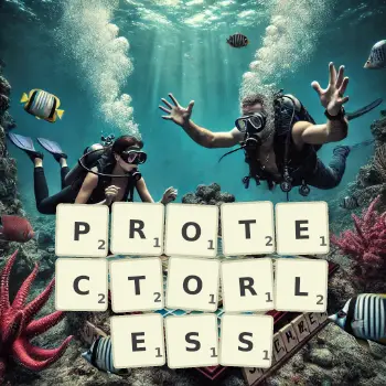 Creative illustration for a Scrabble game with the word PROTECTORLESS spelled out in tiles on the board.