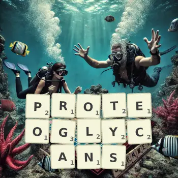 Creative illustration for a Scrabble game with the word PROTEOGLYCANS spelled out in tiles on the board.