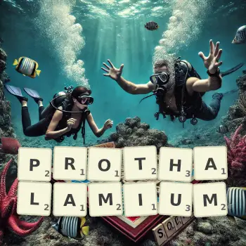 Creative illustration for a Scrabble game with the word PROTHALAMIUM spelled out in tiles on the board.