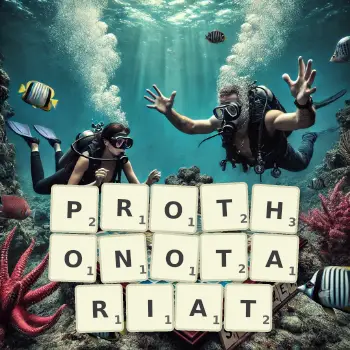 Creative illustration for a Scrabble game with the word PROTHONOTARIAT spelled out in tiles on the board.