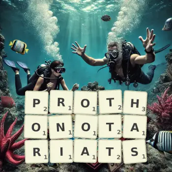 Creative illustration for a Scrabble game with the word PROTHONOTARIATS spelled out in tiles on the board.