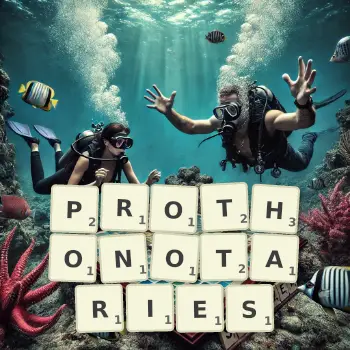 Creative illustration for a Scrabble game with the word PROTHONOTARIES spelled out in tiles on the board.