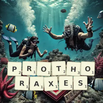 Creative illustration for a Scrabble game with the word PROTHORAXES spelled out in tiles on the board.