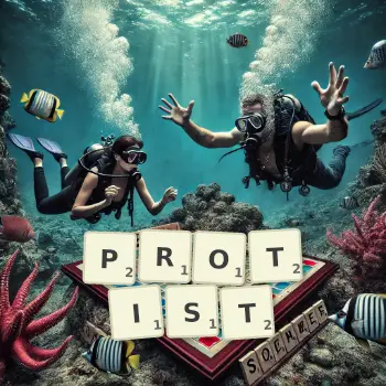 Creative illustration for a Scrabble game with the word PROTIST spelled out in tiles on the board.