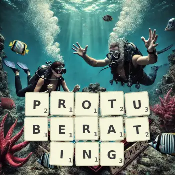 Creative illustration for a Scrabble game with the word PROTUBERATING spelled out in tiles on the board.