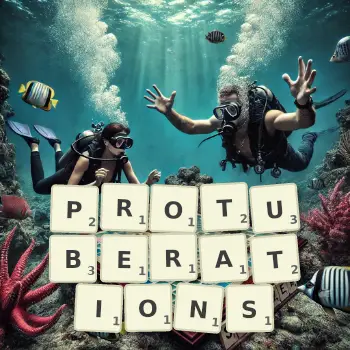 Creative illustration for a Scrabble game with the word PROTUBERATIONS spelled out in tiles on the board.
