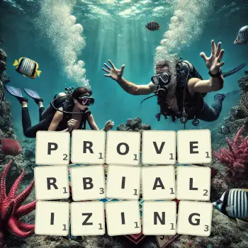 Creative illustration for a Scrabble game with the word PROVERBIALIZING spelled out in tiles on the board.