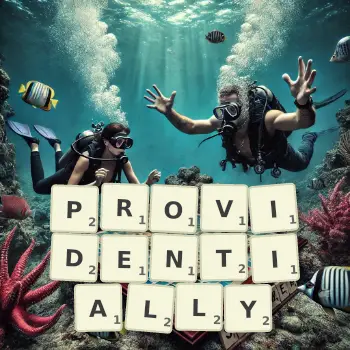 Creative illustration for a Scrabble game with the word PROVIDENTIALLY spelled out in tiles on the board.