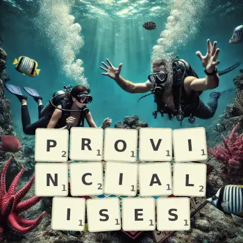 Creative illustration for a Scrabble game with the word PROVINCIALISES spelled out in tiles on the board.