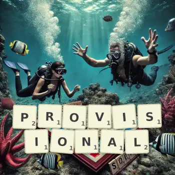 Creative illustration for a Scrabble game with the word PROVISIONAL spelled out in tiles on the board.