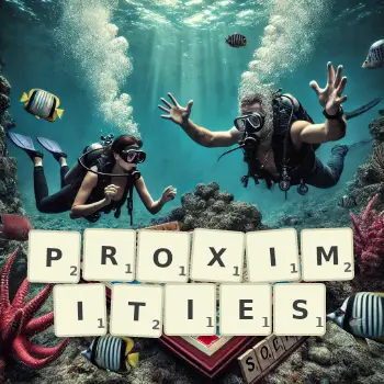 Creative illustration for a Scrabble game with the word PROXIMITIES spelled out in tiles on the board.