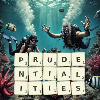 Creative illustration for a Scrabble game with the word PRUDENTIALITIES spelled out in tiles on the board.