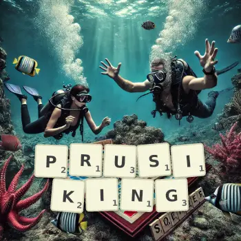 Creative illustration for a Scrabble game with the word PRUSIKING spelled out in tiles on the board.