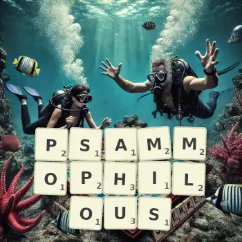 Creative illustration for a Scrabble game with the word PSAMMOPHILOUS spelled out in tiles on the board.