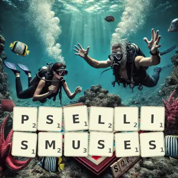 Creative illustration for a Scrabble game with the word PSELLISMUSES spelled out in tiles on the board.