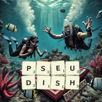 Creative illustration for a Scrabble game with the word PSEUDISH spelled out in tiles on the board.