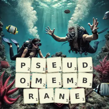 Creative illustration for a Scrabble game with the word PSEUDOMEMBRANE spelled out in tiles on the board.