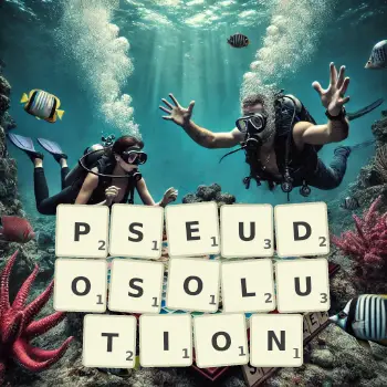 Creative illustration for a Scrabble game with the word PSEUDOSOLUTION spelled out in tiles on the board.