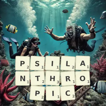 Creative illustration for a Scrabble game with the word PSILANTHROPIC spelled out in tiles on the board.