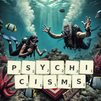 Creative illustration for a Scrabble game with the word PSYCHICISMS spelled out in tiles on the board.