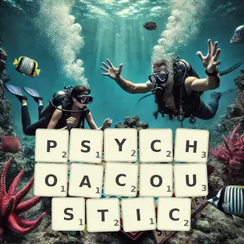 Creative illustration for a Scrabble game with the word PSYCHOACOUSTIC spelled out in tiles on the board.