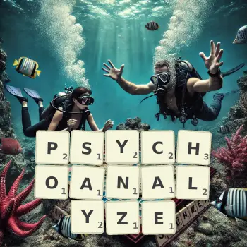 Creative illustration for a Scrabble game with the word PSYCHOANALYZE spelled out in tiles on the board.