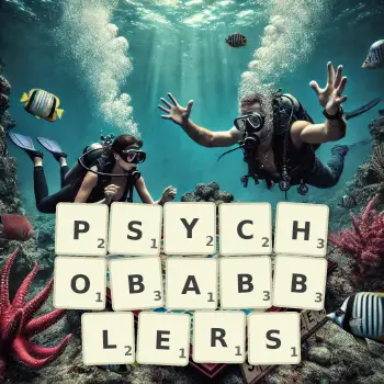 Creative illustration for a Scrabble game with the word PSYCHOBABBLERS spelled out in tiles on the board.