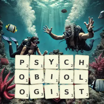 Creative illustration for a Scrabble game with the word PSYCHOBIOLOGIST spelled out in tiles on the board.