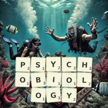 Creative illustration for a Scrabble game with the word PSYCHOBIOLOGY spelled out in tiles on the board.