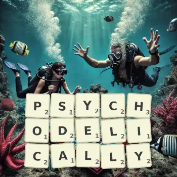 Creative illustration for a Scrabble game with the word PSYCHODELICALLY spelled out in tiles on the board.