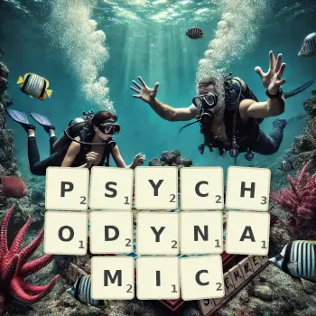 Creative illustration for a Scrabble game with the word PSYCHODYNAMIC spelled out in tiles on the board.