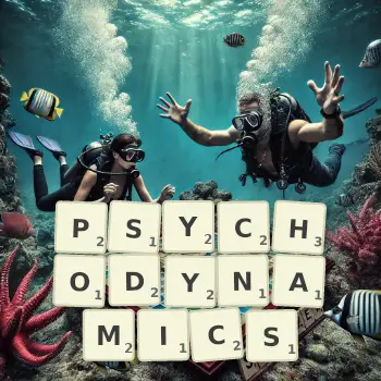 Creative illustration for a Scrabble game with the word PSYCHODYNAMICS spelled out in tiles on the board.