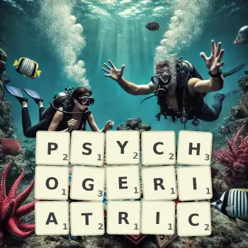 Creative illustration for a Scrabble game with the word PSYCHOGERIATRIC spelled out in tiles on the board.