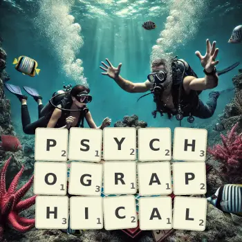 Creative illustration for a Scrabble game with the word PSYCHOGRAPHICAL spelled out in tiles on the board.