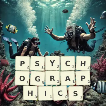 Creative illustration for a Scrabble game with the word PSYCHOGRAPHICS spelled out in tiles on the board.