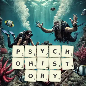 Creative illustration for a Scrabble game with the word PSYCHOHISTORY spelled out in tiles on the board.