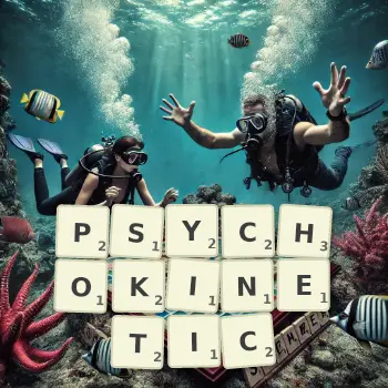 Creative illustration for a Scrabble game with the word PSYCHOKINETIC spelled out in tiles on the board.