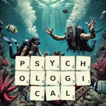 Creative illustration for a Scrabble game with the word PSYCHOLOGICAL spelled out in tiles on the board.