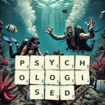 Creative illustration for a Scrabble game with the word PSYCHOLOGISED spelled out in tiles on the board.