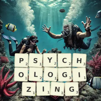 Creative illustration for a Scrabble game with the word PSYCHOLOGIZING spelled out in tiles on the board.