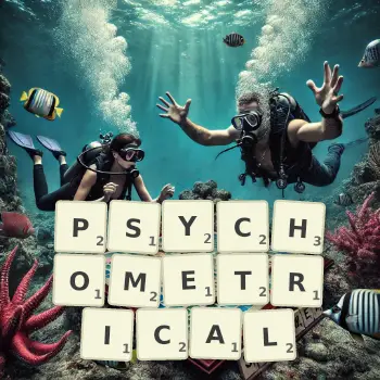 Creative illustration for a Scrabble game with the word PSYCHOMETRICAL spelled out in tiles on the board.