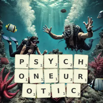 Creative illustration for a Scrabble game with the word PSYCHONEUROTIC spelled out in tiles on the board.
