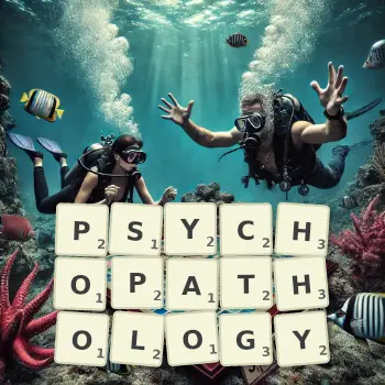 Creative illustration for a Scrabble game with the word PSYCHOPATHOLOGY spelled out in tiles on the board.
