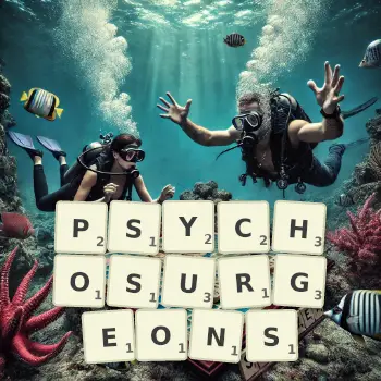 Creative illustration for a Scrabble game with the word PSYCHOSURGEONS spelled out in tiles on the board.