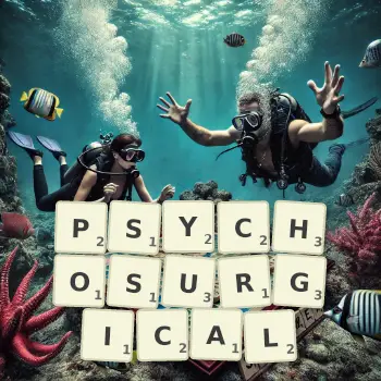 Creative illustration for a Scrabble game with the word PSYCHOSURGICAL spelled out in tiles on the board.